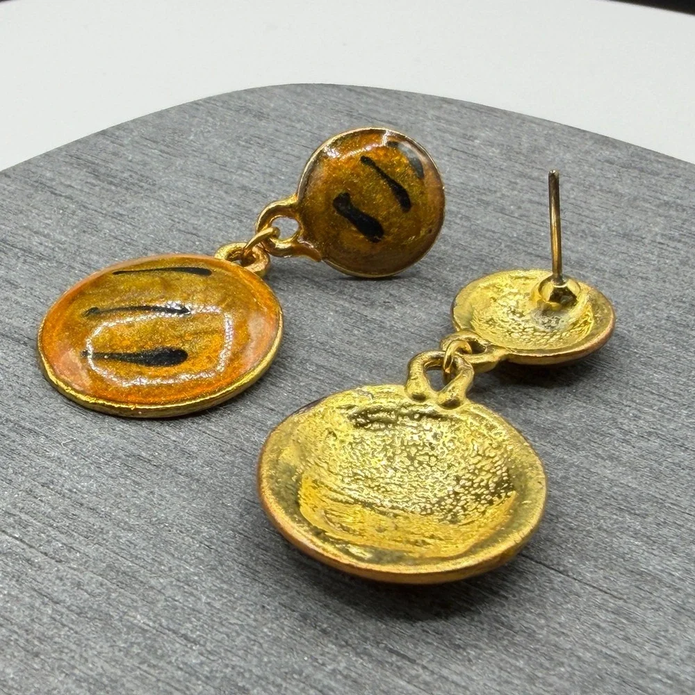 Gold & Amber Tone Enamel Abstract Dangle Drop Earrings Artisan Statement Jewelry